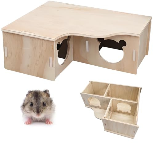 Hamster House Hide Wood, Hamster Hideout Multi Chamber Hides Wooden Houses Platform Shelter with Lid for Hamsters Small Pets