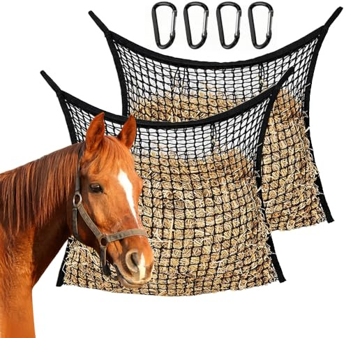 KBIBCK 2 Stück Heunetz für Pferde, 80x90 cm Heusack für Pferde, Heutasche für 8kg Heu mit 4 Karabinern, Stabiles, Großer robuster Heusack für Pferde Ochsen und Schafe, Schwarz