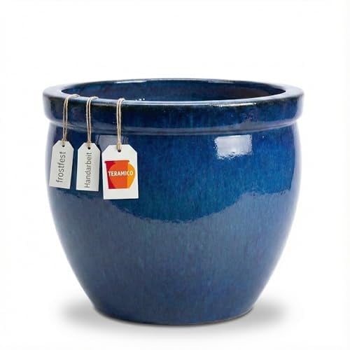 Teramico Pflanzgefäß Steinzeug handgefertigt | Frostsicherer Keramik Blumenkübel mit Abflussloch | Wetterbeständiger Übertopf Größen, ideal für Innen & Außen (Royal Blau, 37cm x 31cm)
