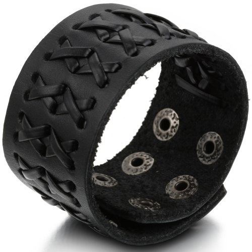 JewelryWe Herren Breites Lederarmband Schwarz: 3,6cm Breite Kreuz Geflochten Verstellbar Leder Armband Männer Armreif Manschette mit Legierung Druckknopf