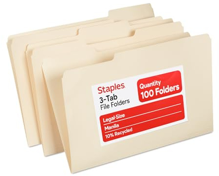 Staples Recycled File Folders, Legal Size, 1/3‑Cut Tabs, Manila, 30% Recycled Paper Stock, 100/Box