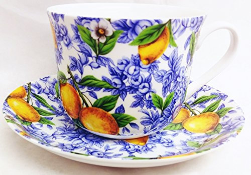 Italian Lemons Breakfast Cup & Saucer Fine Bone China Large Lemons Cup & Saucer Set Hand Decorated in The U.K.