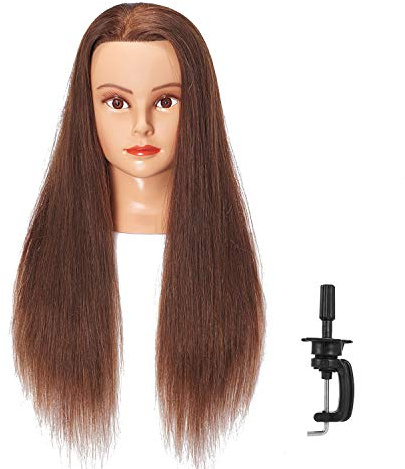 Hairlink 6611LB0418H Mannequinkopf mit Echthaar, Stylingkopf, Puppen für Kosmetik, Manikin, Maniquins, Übungskopf mit Ständer, 61 - 66 cm