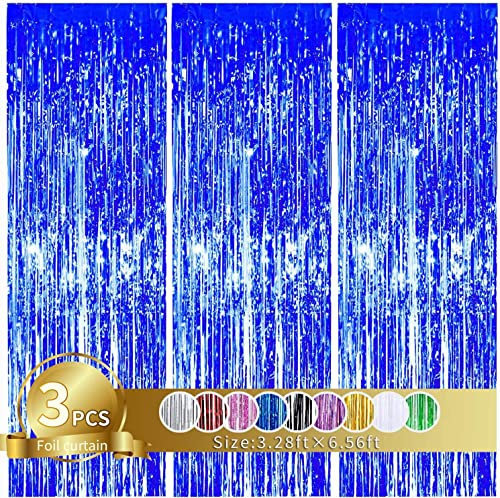 3 Stück Blau Metallic Lametta Vorhänge,Tinsel Folie Vorhang Folienfransen Vorhang für Hochzeit Verlobung Brautdusche Geburtstag Bachelorette Party Bühnendekor …