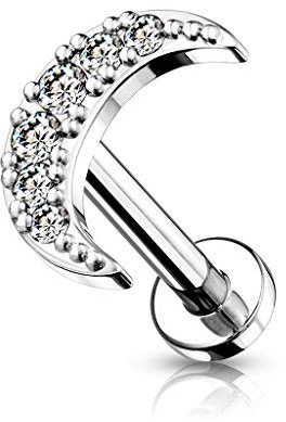 beyoutifulthings Lippen-Piercing Zirkonia Pavé Halb-Mond Silber Clear Piercing-s Lippe Labret Stecker Chirurgenstahl Schraub-Verschluss Stab 6 mm