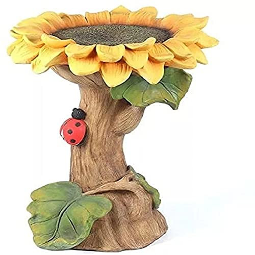 Polyresin Sunflower Bird Bath Brown Pedestal with Ladybutt for Outdoors,Outside Standing Handmade Wild Bird Feeder Home Garden Birdbath with Miniature House in A Tree Stump Lawn Yard Decorations