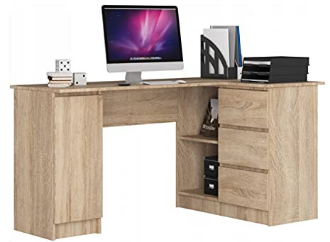 Bureau d'angle en chêne Sonoma, 3 tiroirs à droite et 4 étagères, beaucoup d'espace pour étendre. Parfait pour les chambres d'adolescents, les bureaux et les studios