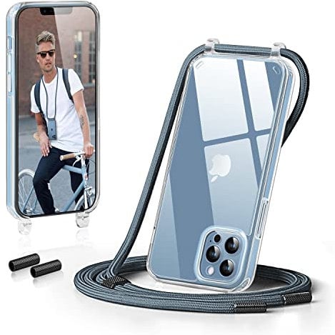 GOODVISH Handykette Kompatibel mit Apple iPhone 13 Pro Max 6,7 Display, Necklace Hülle mit Band Handyhülle für zum Umhängen, Transparent Case mit Schnur Kameraschutz und Bildschirmschutz, Blau