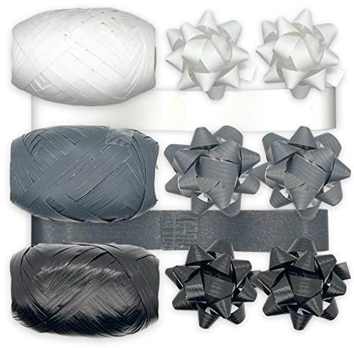 Set Ringelband Polyband Geschenk-Band Geschenkschleifen zum Basteln und Verpacken - glänzend & matt sortiert (weiß - grau- schwarz, 7 Rollen Geschenkband + 6 Geschenkschleifen)