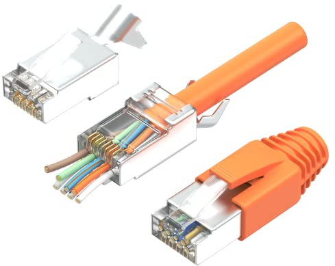 RJ45 Stecker Cat7 10er Set | Netzwerkstecker, Pass Through & Geschirmt | Inkl. Zugentlastung, Knickschutztülle Orange & Einführhilfe | Ideal für CAT 7, Cat6A Verlegekabel AWG23 | 8-Poliger Plug
