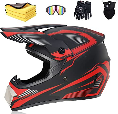 Ruiqieor Moto Motocross Casques Enfant Et Adulte Set AVT MX Casques Moto De Cross Enfants Quad Bike Vélo De Montagne Avec Gants Lunettes Masques (S(52-56cm),red)