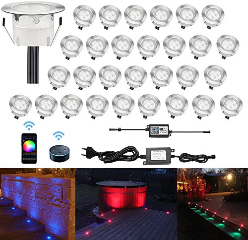 LED Bodeneinbaustrahler RGB 30er Set, Ø45mm WiFi Terrasse Einbauleuchten Kompatibel mit Amazon Alexa, Google Home, IP67 Wasserdicht App Steuerbar LED Außen Boden Licht für Küche Garten Treppen Balkon