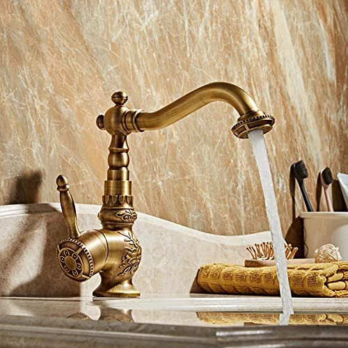 Wasserhahn Bad Waschtischarmatur Retro Antik Stil 360°Drehbar Messing Einhebelmischer Mischbatterie Mit Kaltes Und Heißes Wasser Vorhanden, Waschbecken Armatur