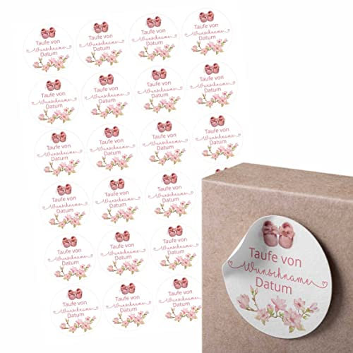 24 Stück Aufkleber zur Taufe - Personalisierte Aufkleber mit Namen und Datum für die Geschenke Ihrer Gäste - 4,5 cm Runde Papieraufkleber Etiketten (Mädchen)