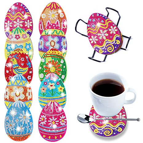 Diamond Painting Coasters with Storage Shelf, DIY Easter Egg Diamond Painting Coasters, Diamond Painting Glass Coaster Kit for Drinks, Cups, Vases (03)