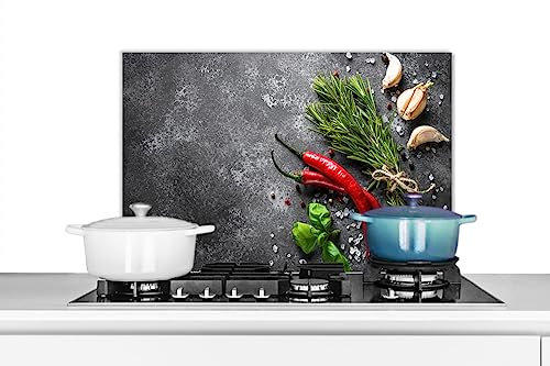 KitchenYeah© Spritzschutz Küchenrückwand Platte Küchen Zubehör Aluminium Platte Herd Spritzschutz WandverkleidungPfeffer - Kräuter - Gewürze - Beton - 60x40 cm