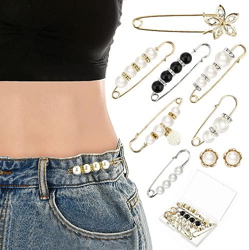 Amaxiu Lot de 9 épingles de sûreté en Strass pour Femme, Jolies Broches en Perles, pour Jean Pantalon Taille Pull châle Clip sans Couture Boutons de Taille épingles de décolleté
