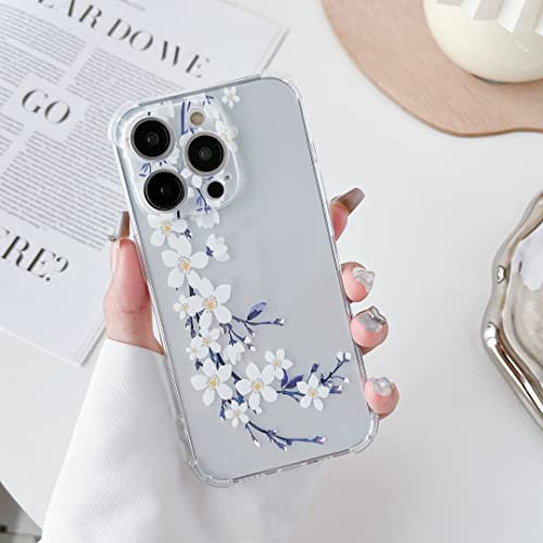 DEFBSC Compatible with iPhone 15 Pro Max Case, Clear Floral Flower Pattern Print Design for Girls Women Flexible Shockproof Soft TPU Bumper Protective Flower Phone Case - White Pear Blossom