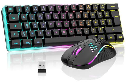 RedThunder K62 60% Clavier et Souris de Jeu sans Fil RVB,AZERTY FRANÇAIS 62 Touches Mini-Clavier Rétroéclairé Ultra-Compact,Souris Optique Cellulaire Légère,kit Portable pour PC PS5 Xbox Gamers(Noir)