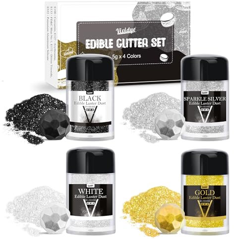 Edible Glitter - 4 Colours Luster Dust Edible Glimmer Powder for Sparkling Drinks, Foods, Wine, Cake, Beverage - Food Grade Shimmer Dust Powder for Cocktails, Baking, Cupcakes Decoration - 5g Bottles