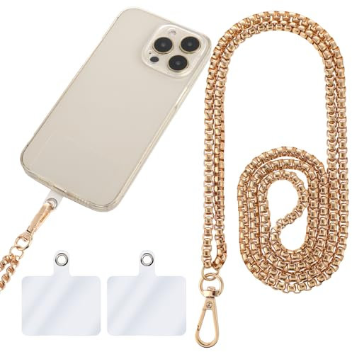 Amabro Metal Phone Lanyard - Universal Phone Purse with Crossbody Strap, Adjustable Hands-Free Wrist Strap, Smartphone Compatible, 47.2 Inch (Gold)