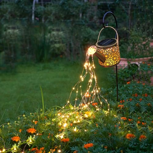 Luces solares decorativas para exteriores, luces de regadera de metal, impermeables, pequeñas decoraciones colgantes de jardín, patio, césped, regalos para mamá, abuela, cumpleaños de mujeres (blanco