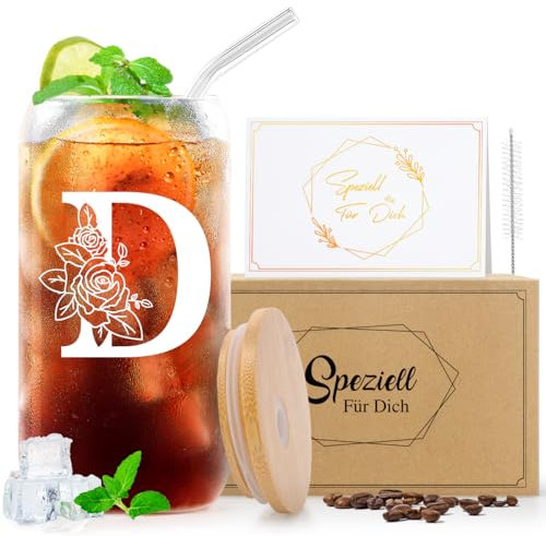 YiksunMY A-Z Buchstaben Personalisierte Geschenke für Frauen Männer Freundin Mama zum Geburtstag Weihnachten Valentinstag Geschenke für Frauen Ihn Sie Oma Paare, Glasbecher mit Deckel und Strohhalm