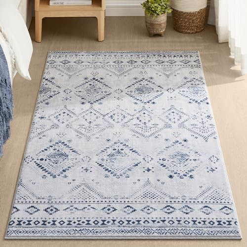 SONGMICS HOME Boho Teppich, 91 x 153 cm, Schlafzimmer Teppich, Wohnzimmerteppich, rutschfesterteppich, waschbarerteppich, flauschig, Dekoration, für Wohnzimmer, mitternachtsblau TAR021Q01