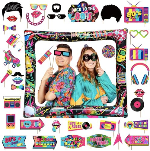 POPOYU 37 Stück 80er Jahre Motto Fotobox Requisiten,Neon Partyfotoautomat Zubehör,80 er Aufblasbare Fotorahmen Selfie Bilderrahmen für Geburtstag 80er Jahre Accessoires Radio Photo Frame Set