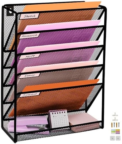 PLSOPPKG Hängeorganizer Wandablagefächer 6 Etagen Wandmontage Schreibtisch Organizer, A4 Zeitschriftenhalter Wand Hängende Wandordner Dokumente Metall Büro Dokument Organizer für Zuhause Großes Gitter