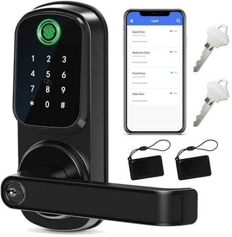 IRONZON Keyless Entry Door Lock with Handle - Smart Door Lock for Front Door 5-in-1 Keypad Door Lock with Handle with Fingerprint, Password, Key, APP Unlocking