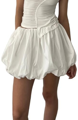 Qianderer Women Y2K Bubble Skirt High Waist Ruffle Hem Flared Mini Skirts Puffy A Line Pleated Mini Short Skirt Streetwear
