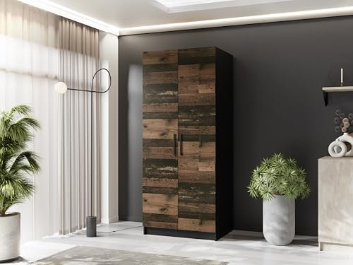 KIER FURNITURE - Drehtürenschrank - Kleiderschrank mit Kleiderstange - Garderobenschrank für Schlafzimmer, Flur - Flurgarderobe Schwarz & Old Style Holzoptik - 78x205x52,5 cm