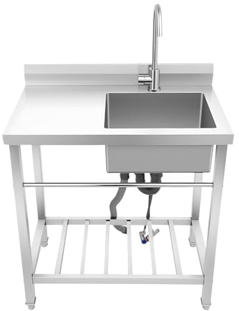 Évier autonome en acier inoxydable, 80 x 55 x 84 cm, lavabo de cuisine commercial unique avec robinet chaud et froid et établi