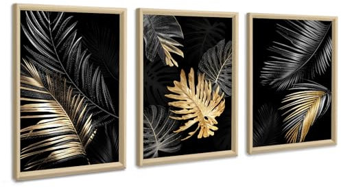 FajerminArt 3 Teilig Leinwandbilder Bilder Abstrakt Schwarzes Gold Baum Blätter bild auf leinwand Wandkunst Modern Wandbilder Kunstdruck Deko für Wohnzimmer Schlafzimmer fertig zum Aufhängen 30x40x3