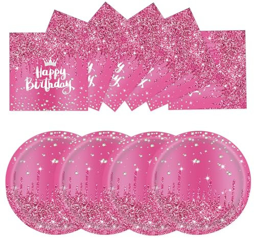 Lot de 50 assiettes et serviettes rouges Happy Birthday, 25 x 17,8 cm, assiettes à dessert 25 x 16,5 cm, pour fête d'anniversaire, décoration de fête d'anniversaire