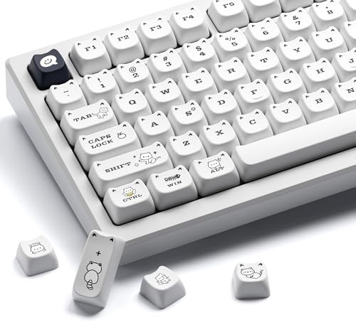GMKWTL XVX Cute White Cat Keycaps, Mao Profile, 140 Keys, PBT Material, Dye-Sublimated, Compatible with 60% 75% 96% 100% Cherry Gateron MX Switches, Mechanical Gaming Keyboard Keycaps