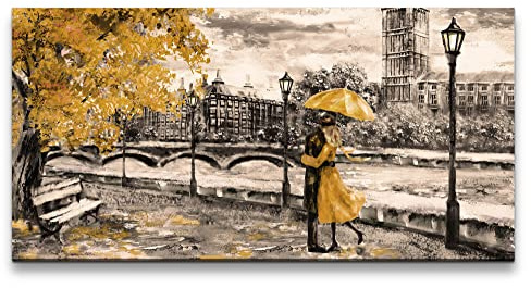 Paul Sinus Wandbild 120x60cm – Romantischer Spaziergang im Regen mit gelbem Regenschirm vor historischer Kulisse in London, Leinwandbild mit Holzrahmen