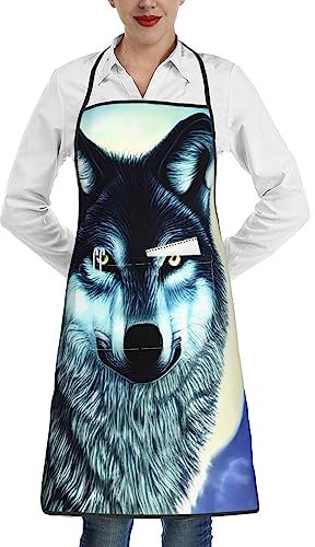 chenfandi Delantal ajustable Wolf Under Moon con 1 bolsillo, y delantal de cocina impermeable y suave para hombres y mujeres., blanco, Taille unique