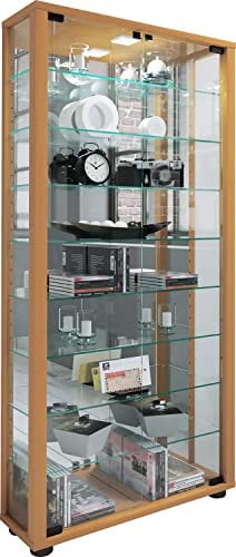 VCM Vitrine Lumo en Verre et Bois - Stand Collecteur avec Miroir - Hêtre