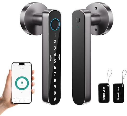 5 in 1 Fingerprint Door Handle Lock for Bedroom,Smart Biometric Door Knob with Code,Electric Finger Print Doorknob,Keyless Entry Door Lock for Apartment,Interior Room,Office,Motel(Grey,Black)