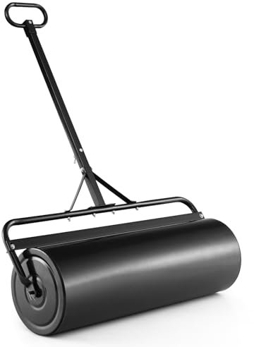 SOARS Rasenwalze befüllbar 63L, Ø30cm Handwalze, Rasenroller mit U-Griff & abnehmbarem Ablassstopfen, Gartenwalze Schwerlasttrommel für Boden, Wiese, Ebenen (Schwarz)