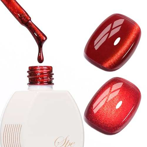 SUPWEE Cat Eye Gel Nail Polish with Magnet, Glitter Magnetic Gel Polish Red Holographic Cat Eye Effect Nail Varnish Soak Off UV Magnet Manicure Salon 15ML