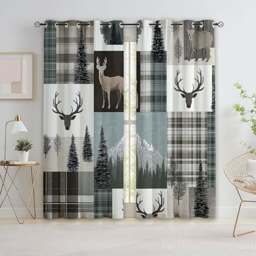 Generisch Blickdicht Vorhang Ösenschal Verdunkelungsvorhang 3D Vintage Collage Berge Bär Hirsch Gardinen Kinderzimmer Wohnzimmer Thermovorhang Polyester H183 x B117 cm 2Er Set