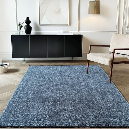 Carpetsale24 Baumwolle Teppich Blau 140x200 cm Waschbar, Boho-Stil, Vintage Kelim, Kurzflor, rutschfest & Weich, Einfarbig Meliert, Für Wohnzimmer, Schlafzimmer, Büro & Küche