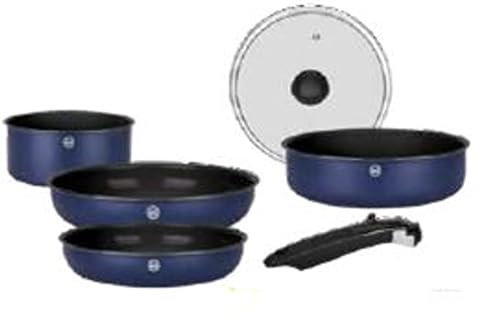 Sitram 716978 Batterie de Cuisine en Aluminium recyclé bleu 6 pcs : 1 manche amovible, 1 casserole Ø18cm, 2 Poêles Ø22,26cm,1 Sauteuse Ø24cm, 1 couvercle - Tous feux dont induction