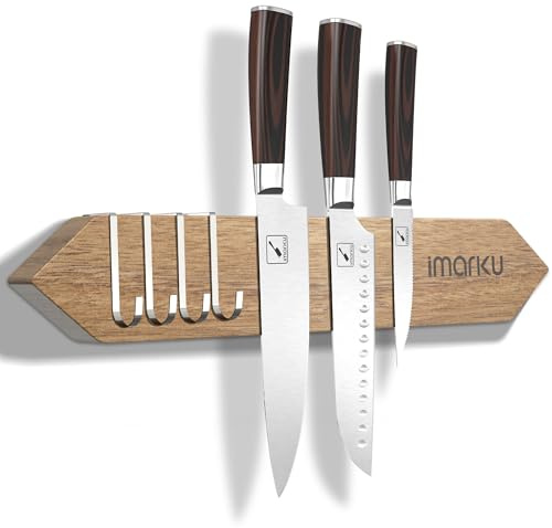 imarku Magnetic Wall Knife Holder - 16 Inch Acacia Wood Magnetic Knife Strip with Powerful Magnet, Knife Magnetic Strip for Kitchenware Organizer with 4 Hooks, Natural Acacia