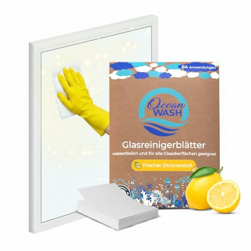 OceanWash Glasreiniger Blätter, 64 Anwendungen, starker Glass Cleaner für streifenfreie Fenster-Reinigung, für alle glatten und versiegelten Oberflächen, biologisch abbaubar, ohne Mikroplastik