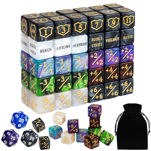 YANGUN 63 Stück Würfel Zähler, Kompatibel mit MTG, Kartenspiel Zubehör, AbilityKeyword Zähler, 1/+1 Lebenszähler, D6 Würfel, MTG TCG WürfelMagic für Zubehör Mit Aufbewahrungsbeutel