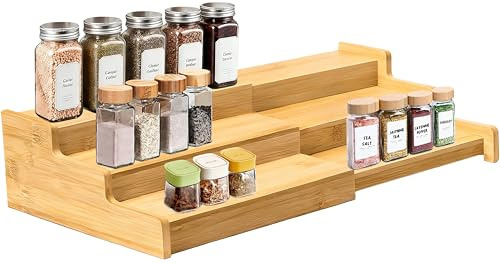 Houbobo Spice Rack Kitchen Cabinet Organiser- 3 Tier Wooden Expandable Display Shelf, Perfect for Kitchen Cabinet, Countertop, Inside Cupboard and More